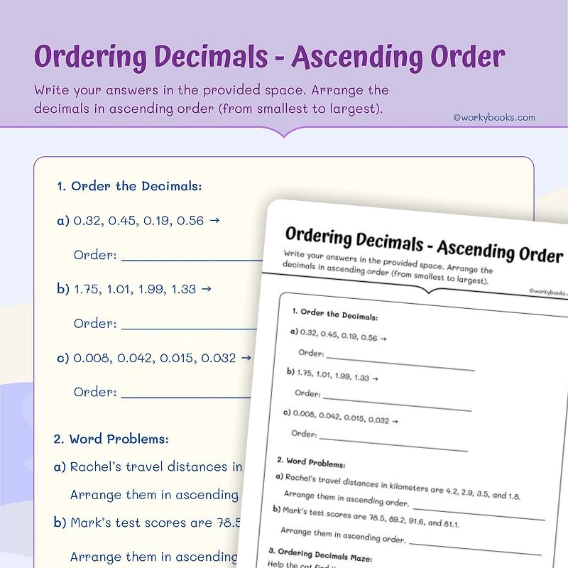 Ordering Decimals — Ascending Order — math worksheet for Grade 5, page 1 of 3