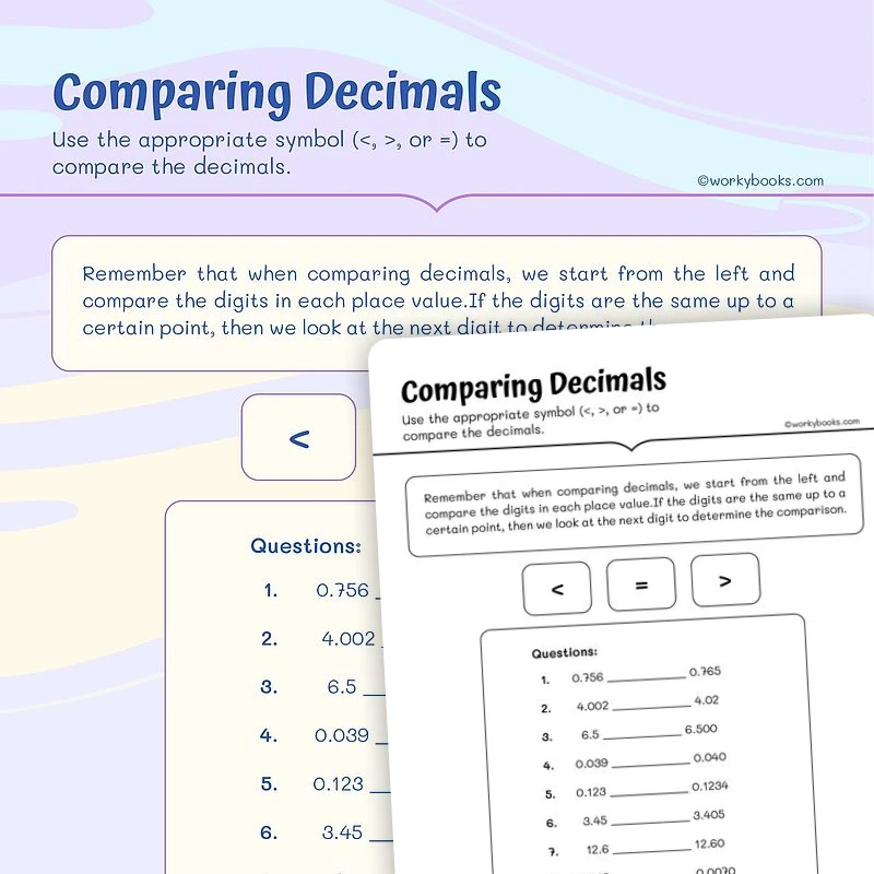 Comparing Decimals — math worksheet for Grade 5, page 1 of 3
