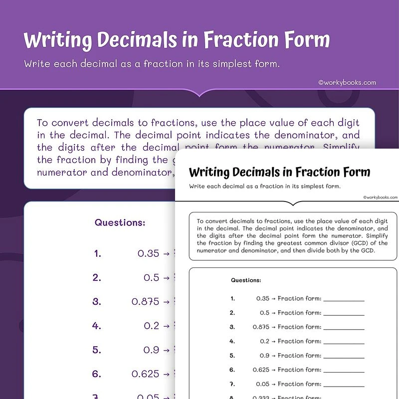 Writing Decimals in Fraction Form — math worksheet for Grade 5, page 1 of 3