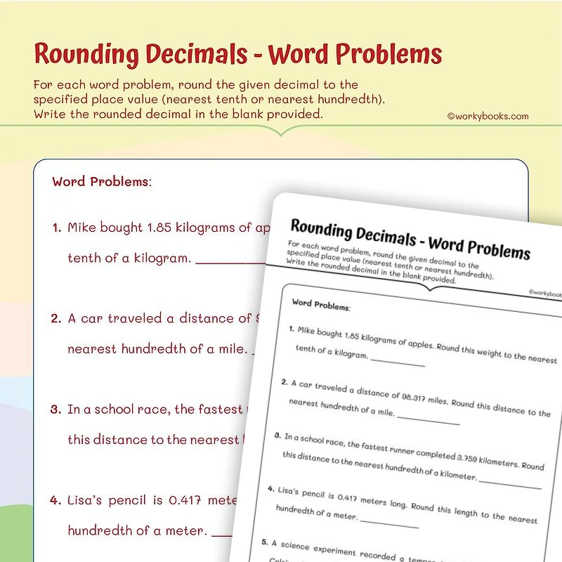 Rounding Decimals — Word Problems — math worksheet for Grade 5, page 1 of 3