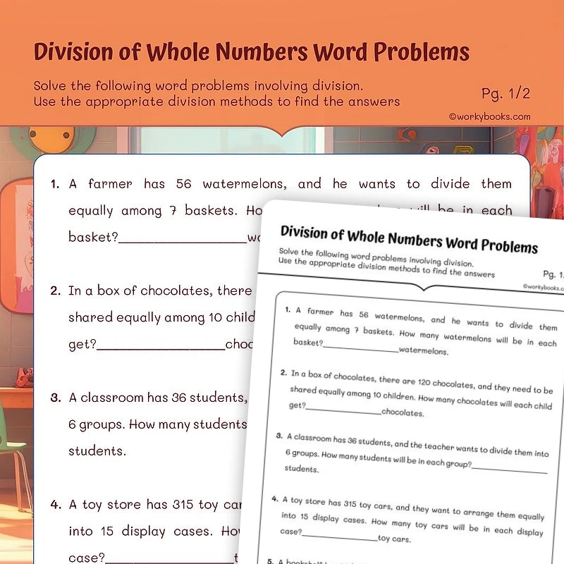 Division of Whole Numbers— Word Problems — math worksheet for Grade 5, page 1 of 3