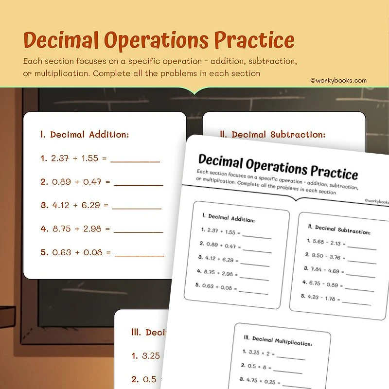 Decimal Operations Practice — math worksheet for Grade 5, page 1 of 3