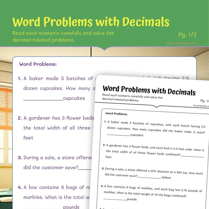 Word Problems with Decimals — math worksheet for Grade 5, page 1 of 3