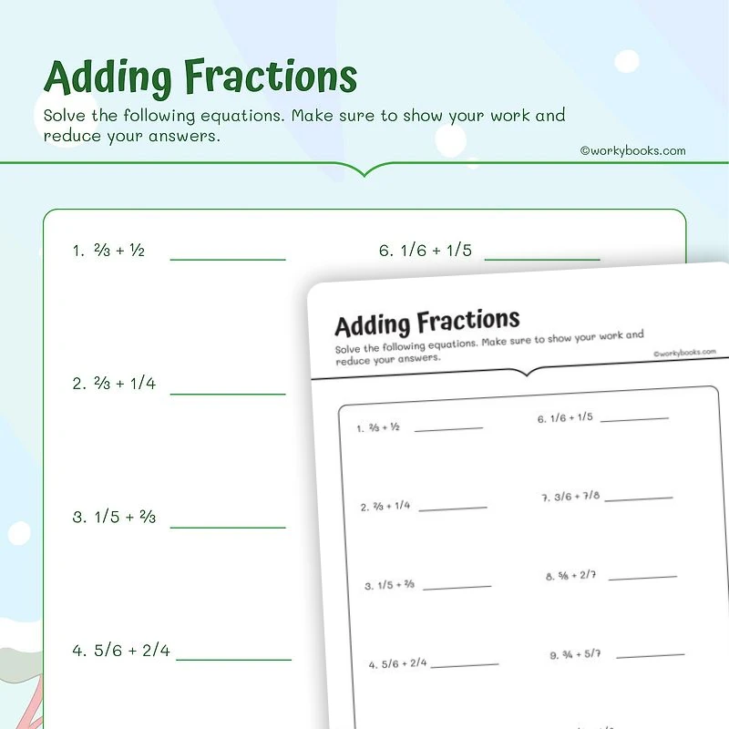 Adding Fractions — math worksheet for Grade 5, page 1 of 3