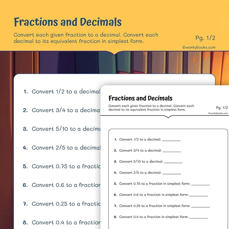 Fractions and Decimals — math worksheet for Grade 5, page 1 of 3