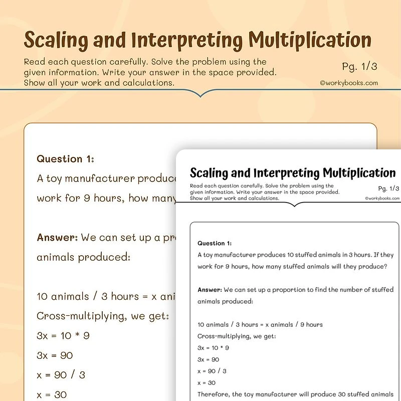 Scaling and Interpreting Multiplication — math worksheet for Grade 5, page 1 of 3