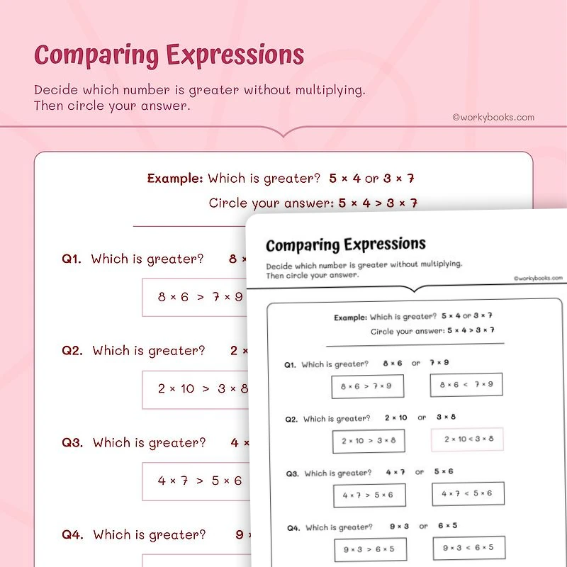 Comparing Expressions — math worksheet for Grade 5, page 1 of 3