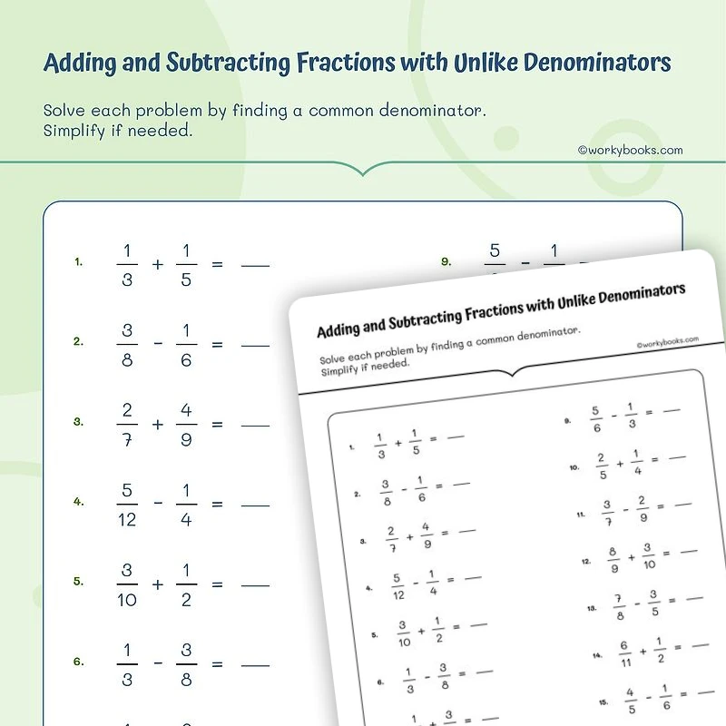 Adding and Subtracting Fractions with Unlike Denominators — math worksheet for Grade 5, page 1 of 3
