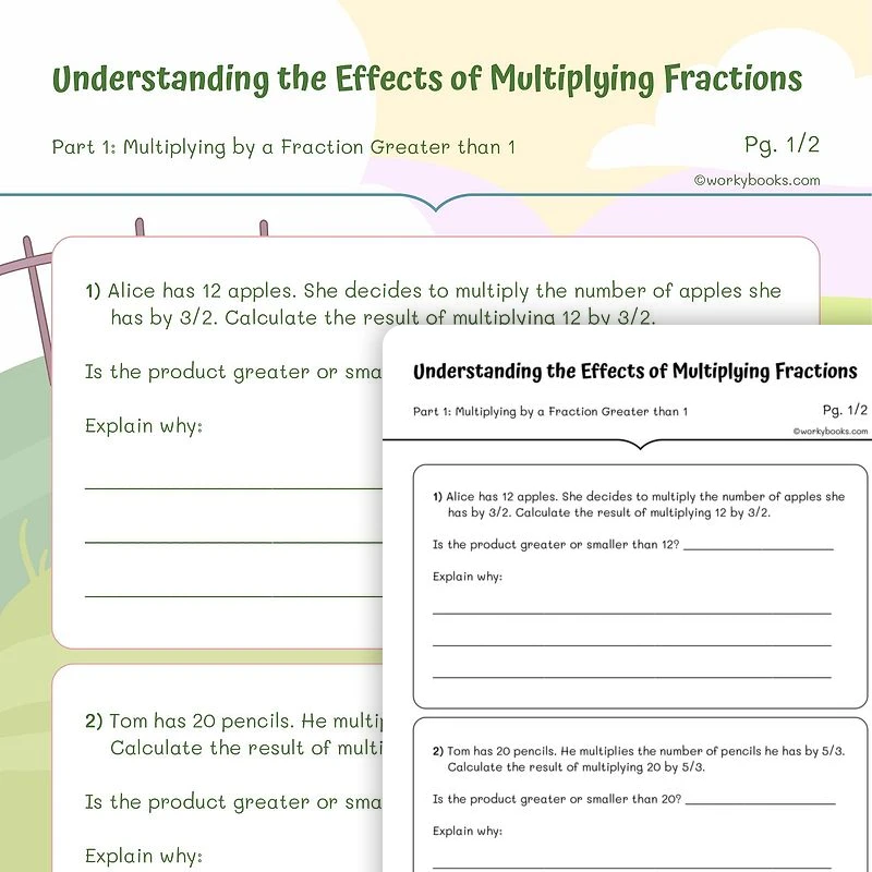 Understanding the Effects of Multiplying Fractions — math worksheet for Grade 5, page 1 of 3