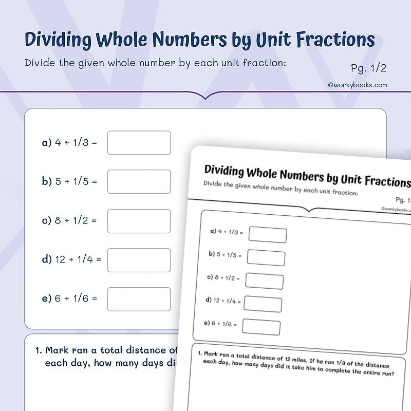 Dividing Whole Numbers by Unit Fractions — math worksheet for Grade 5, page 1 of 3