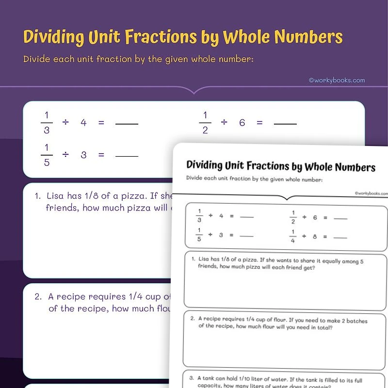 Dividing Unit Fractions by Whole Numbers — math worksheet for Grade 5, page 1 of 3
