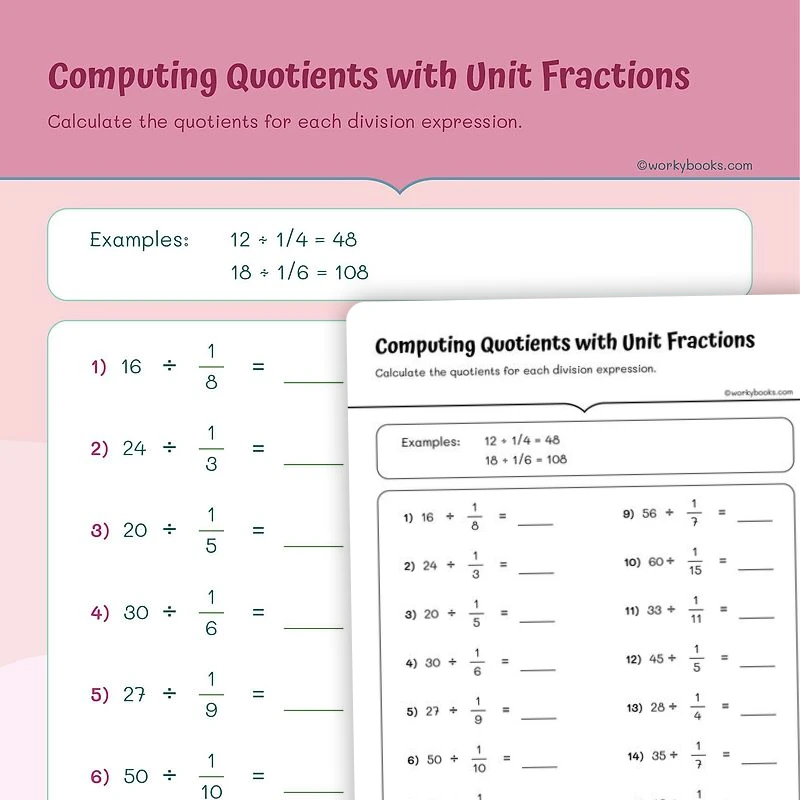 Computing Quotients with Unit Fractions — math worksheet for Grade 5, page 1 of 3