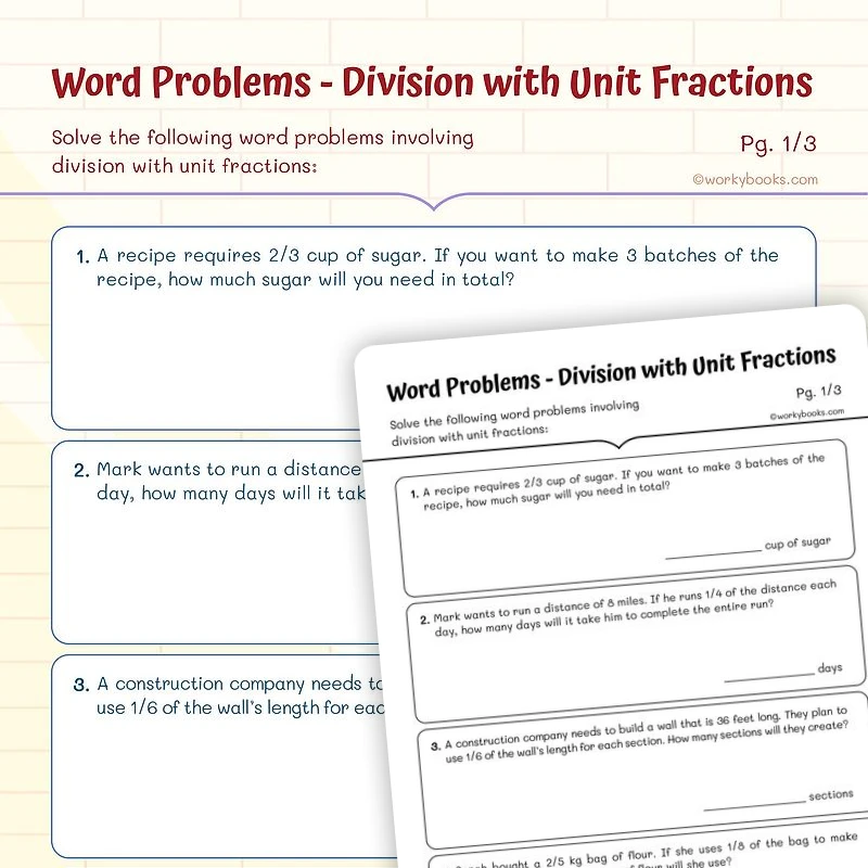 Word Problems - Division with Unit Fractions — math worksheet for Grade 5, page 1 of 3