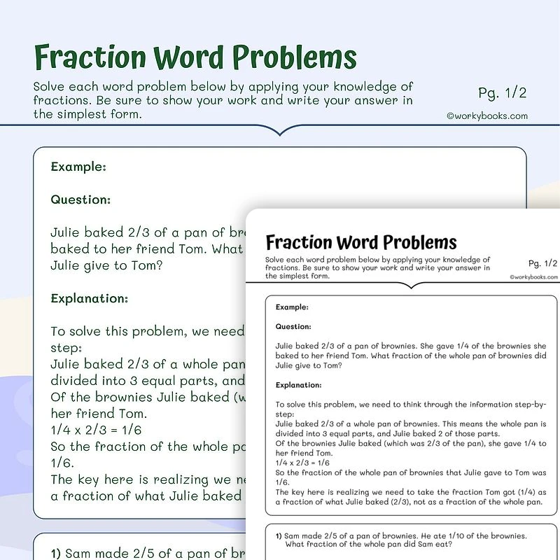 Fraction Word Problems — math worksheet for Grade 5, page 1 of 3