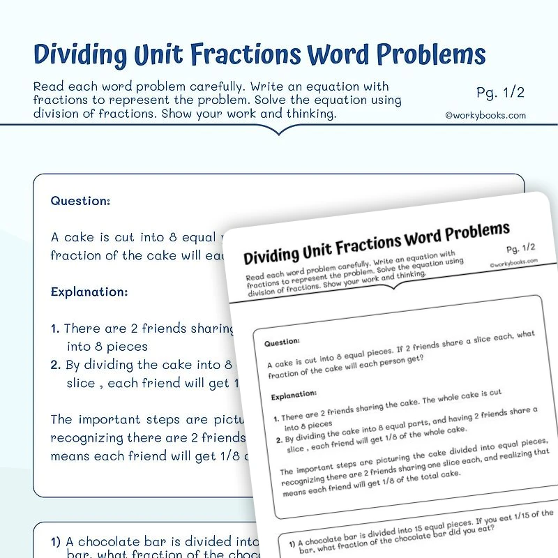 Dividing Unit Fractions Word Problems — math worksheet for Grade 5, page 1 of 3