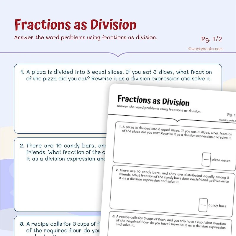 Fractions as Division — math worksheet for Grade 5, page 1 of 3