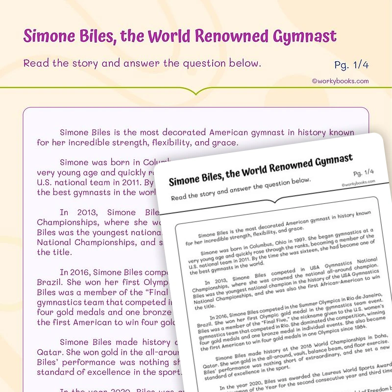 Simone Biles, the World Renowned Gymnast — ela worksheet for Grade 5, page 1 of 3