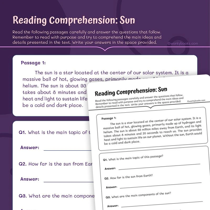 Reading Comprehension: Sun — ela worksheet for Grade 4, Grade 5, page 1 of 3