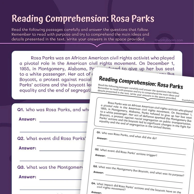Reading Comprehension: Rosa Parks — ela worksheet for Grade 4, Grade 5, page 1 of 3