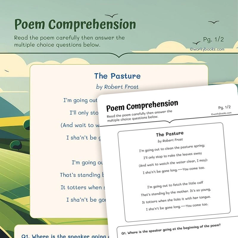 The Pasture by Robert Frost—Poem Comprehension — ela worksheet for Grade 5, page 1 of 3