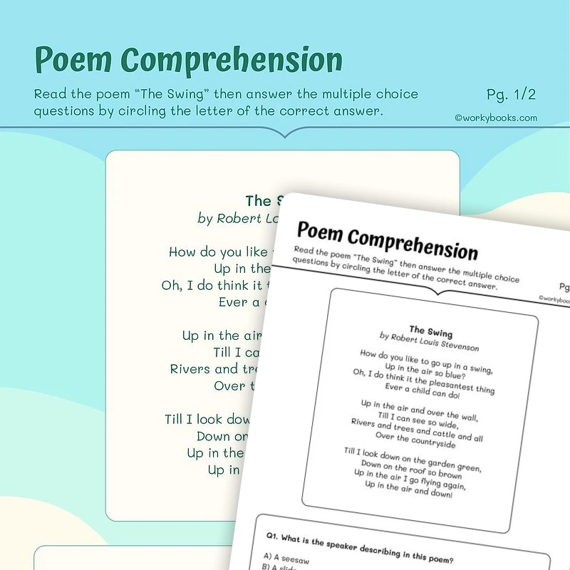 The Swing by Robert Louis Stevenson—Poem Comprehension — ela worksheet for Grade 5, page 1 of 3