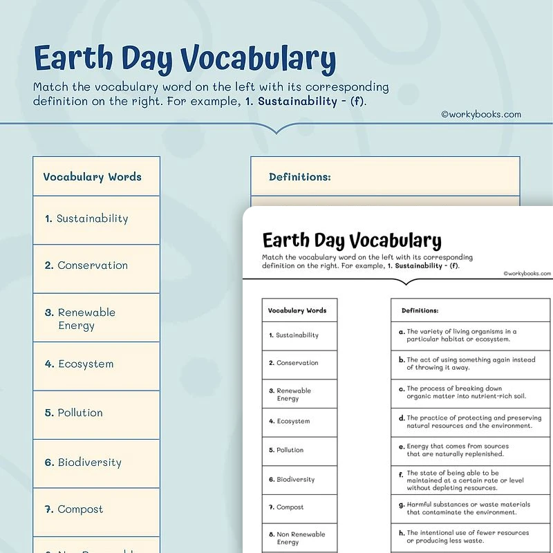 Earth Day Vocabulary — ela worksheet for Grade 5, page 1 of 3