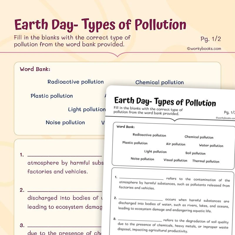 Types of Pollution —Vocabulary for Earth Day — ela worksheet for Grade 5, page 1 of 3