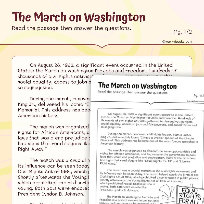 The March on Washington — ela worksheet for Grade 5, page 1 of 3
