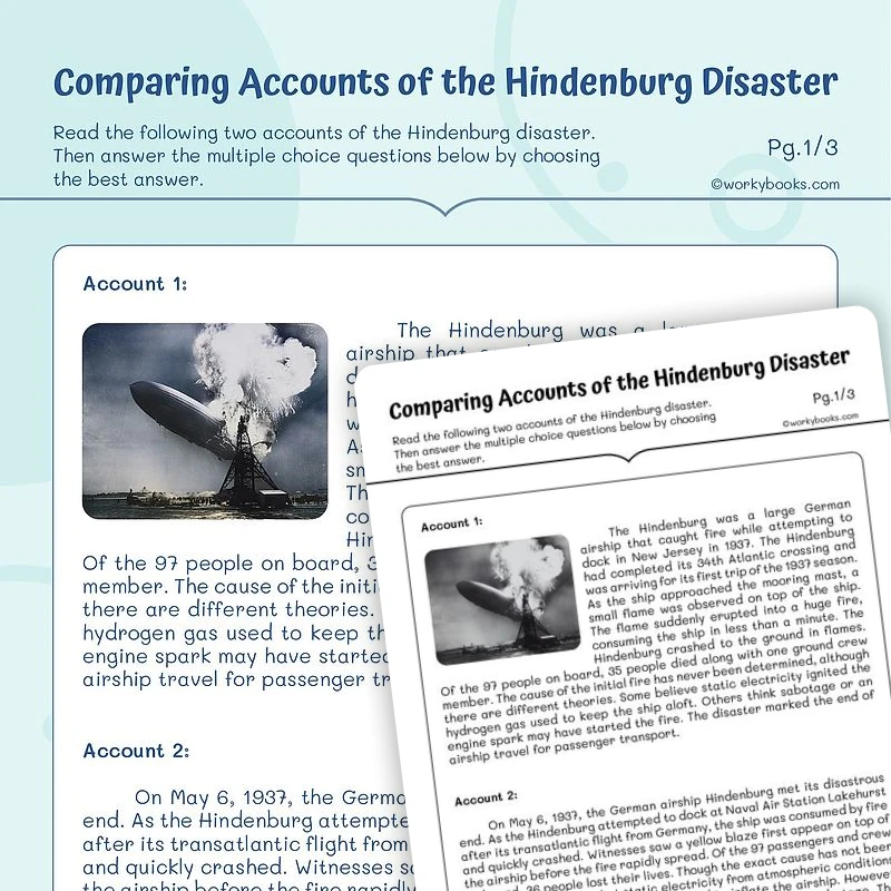 Comparing Accounts of the Hindenburg Disaster — ela worksheet for Grade 5, page 1 of 3