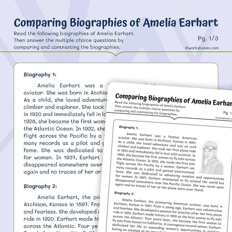 Comparing Biographies of Amelia Earhart — ela worksheet for Grade 5, page 1 of 3