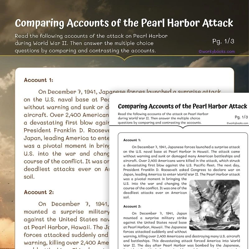 Comparing Accounts of the Pearl Harbor Attack — ela worksheet for Grade 5, page 1 of 3