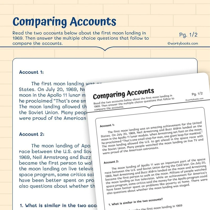 Comparing Accounts of Landing on Moon — ela worksheet for Grade 5, page 1 of 3