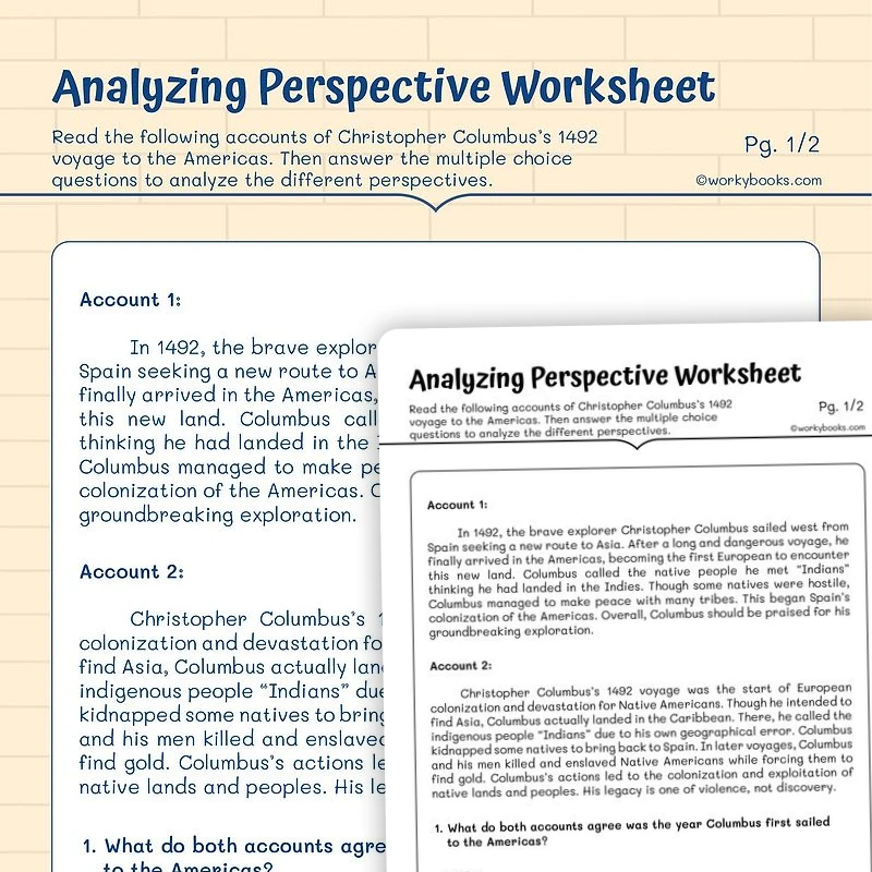 Analyzing Perspective -Christopher Columbus — ela worksheet for Grade 5, page 1 of 3