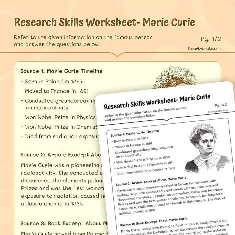 Research Skills Worksheet— Marie Curie — ela worksheet for Grade 5, page 1 of 3