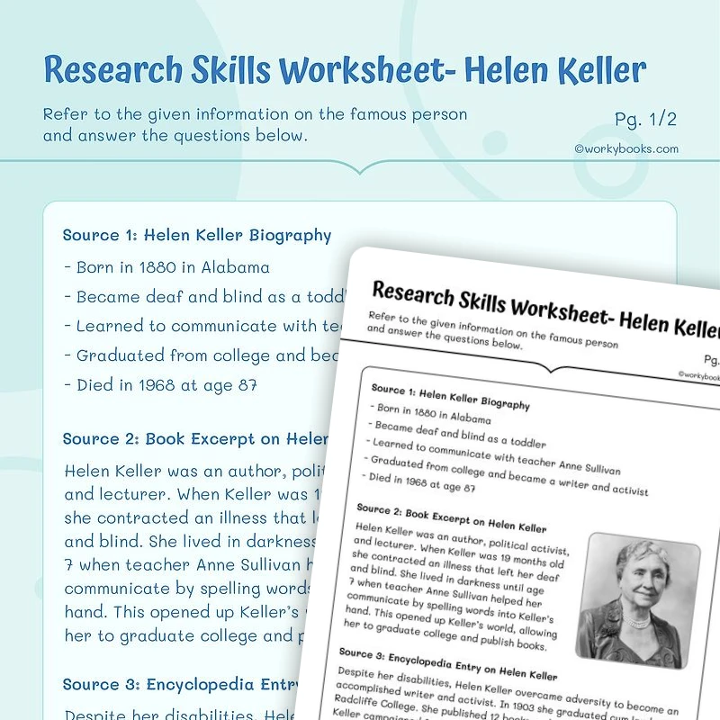 Research Skills Worksheet— Helen Keller — ela worksheet for Grade 5, page 1 of 3