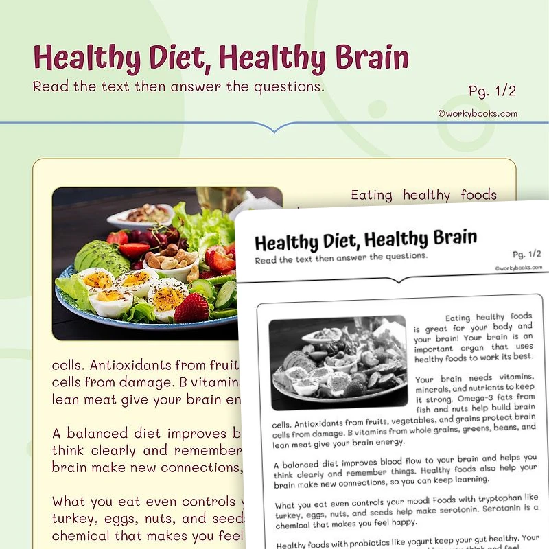 Healthy Diet—Author's Use of Reasons and Evidence — ela worksheet for Grade 5, page 1 of 3