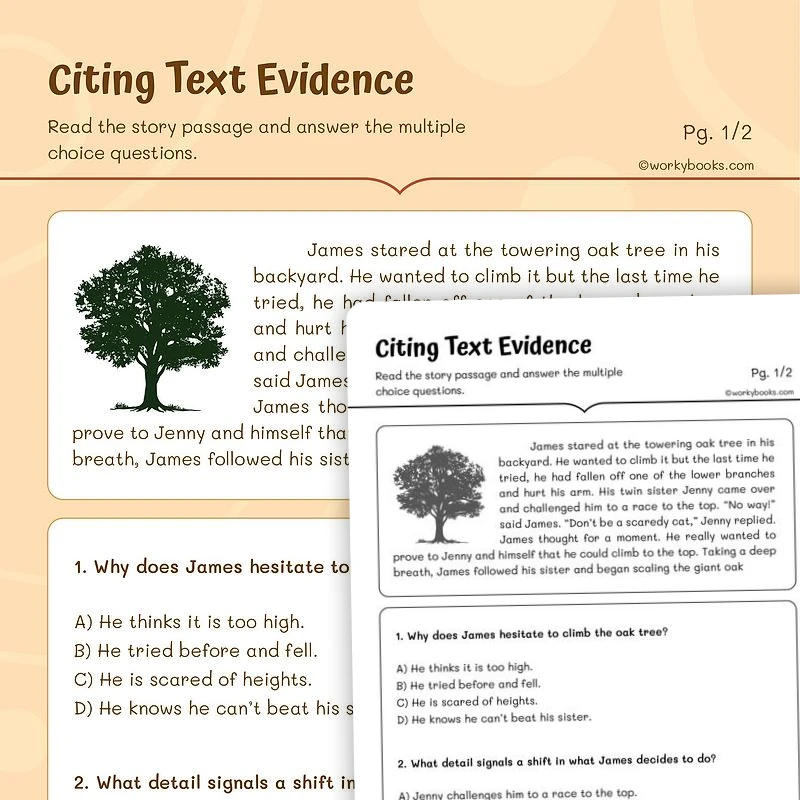 Citing Textual Evidence — ela worksheet for Grade 5, page 1 of 3