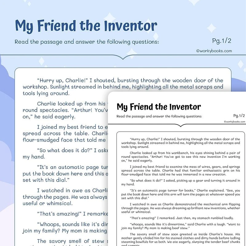 My Friend the Inventor—Reading Fluency and Comprehension — ela worksheet for Grade 5, page 1 of 3