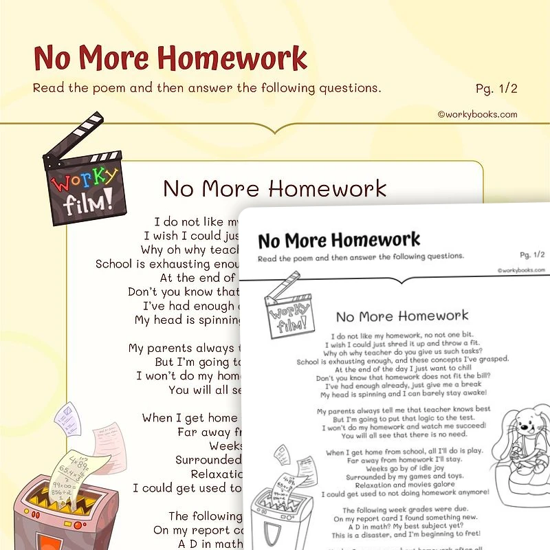 No More Homework Poem Comprehension — ela worksheet for Grade 5, page 1 of 3