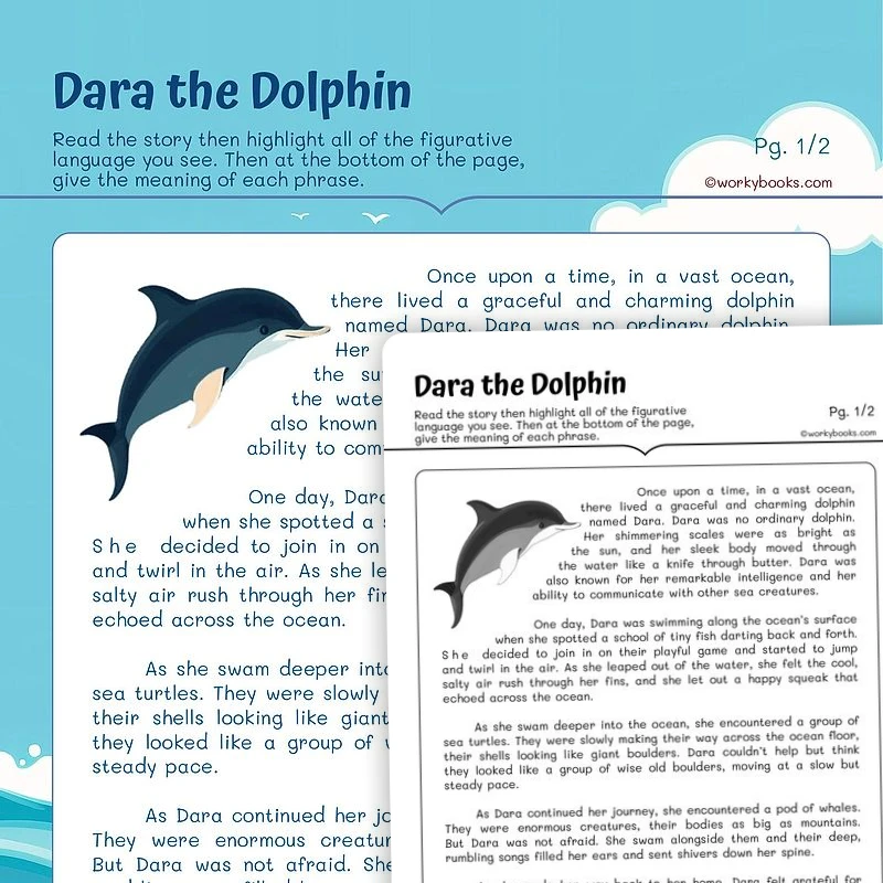 Dara the Dolphin — ela worksheet for Grade 5, page 1 of 3