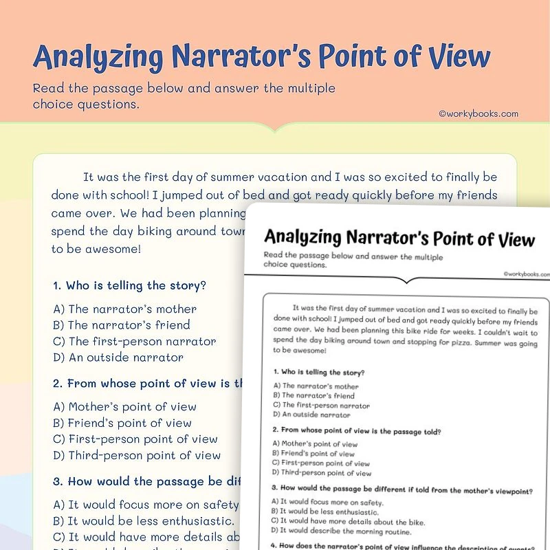 Analyzing Narrator’s Point of View — ela worksheet for Grade 4, Grade 5, page 1 of 3
