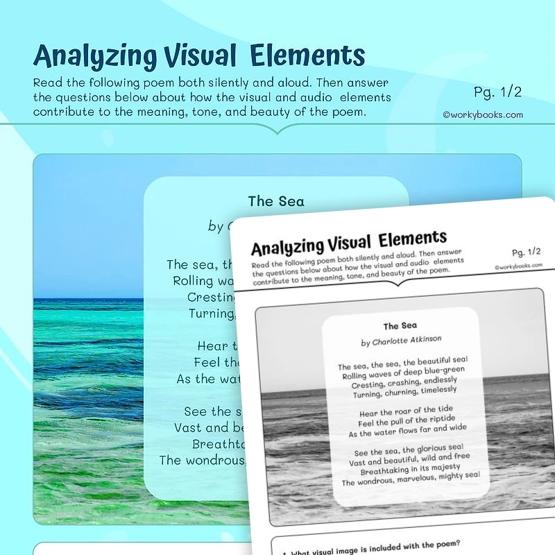 The sea by Charlotte Atkinson Poem — ela worksheet for Grade 4, Grade 5, page 1 of 3