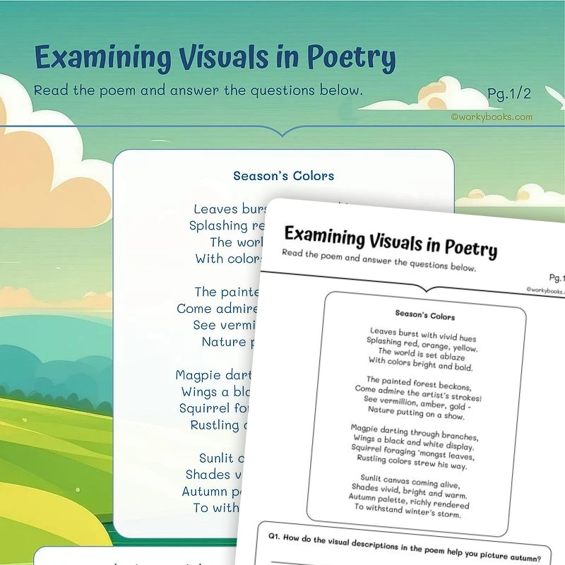 Season’s Colors Examining Visuals in Poetry — ela worksheet for Grade 4, Grade 5, page 1 of 3