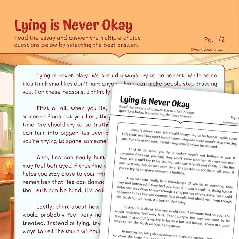 Persuasive Essay: Lying is Never Okay — ela worksheet for Grade 5, page 1 of 3