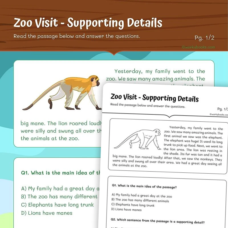 Zoo Visit — Supporting Details — ela worksheet for Grade 5, page 1 of 3