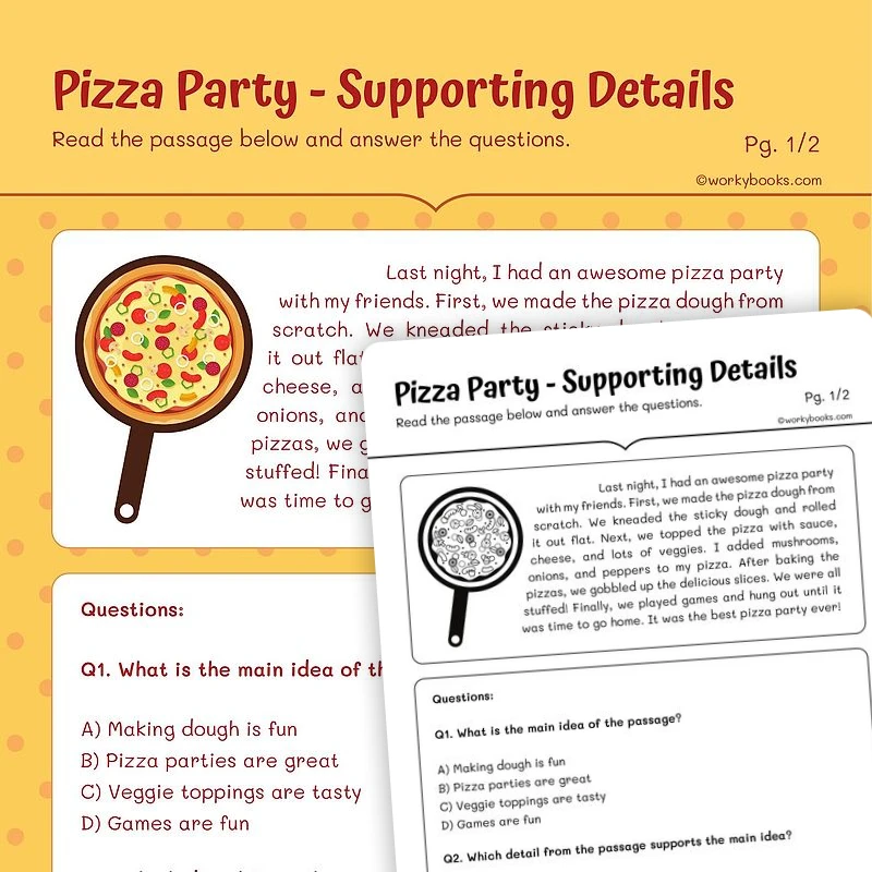 Pizza Party — Supporting Details — ela worksheet for Grade 5, page 1 of 3