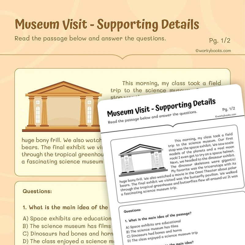 Musuem Visit — Supporting Details — ela worksheet for Grade 5, page 1 of 3