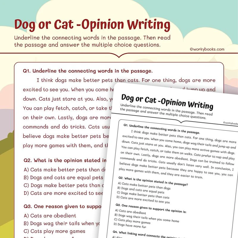 Dog or Cat —Opinion Writing — ela worksheet for Grade 5, page 1 of 3
