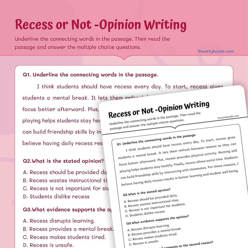 Recess or Not —Opinion Writing — ela worksheet for Grade 5, page 1 of 3