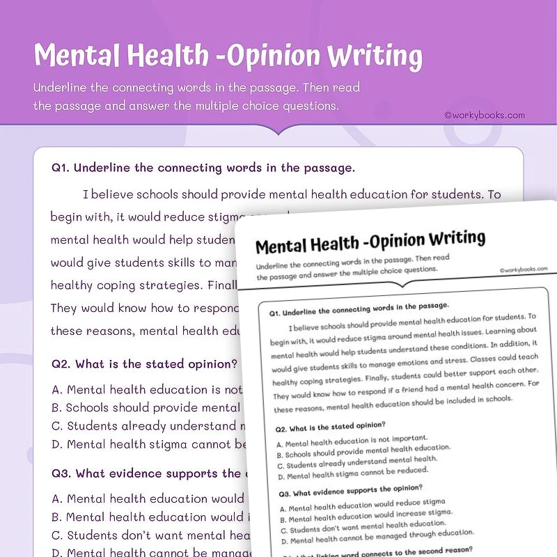 Mental Health —Opinion Writing — ela worksheet for Grade 5, page 1 of 3